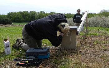 Researchers Megan Shave and Emily Oja attach a camera to the outside of a kestrel nest box.